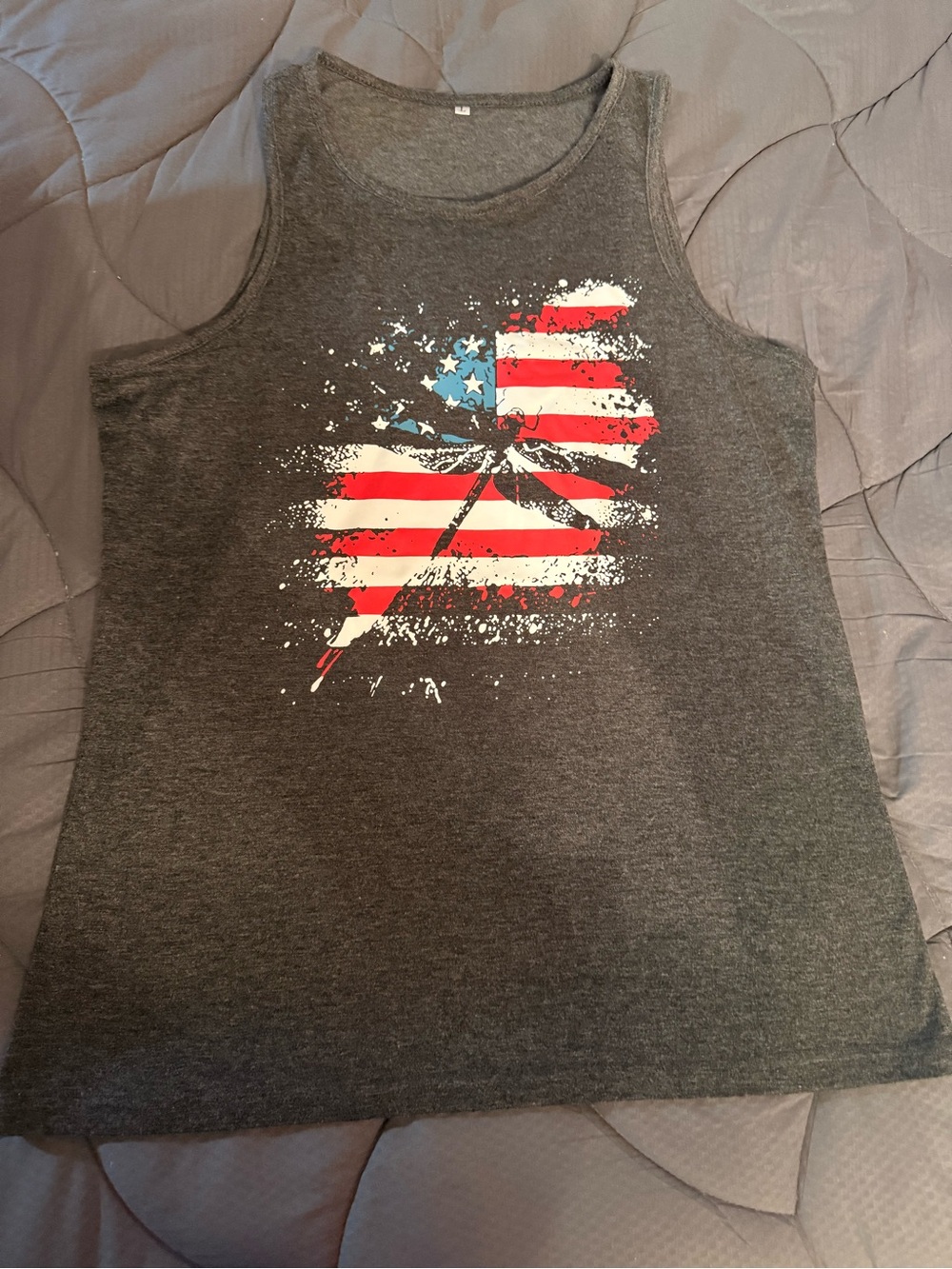 Men's Gray Tank Top with Distressed American Flag Graphic